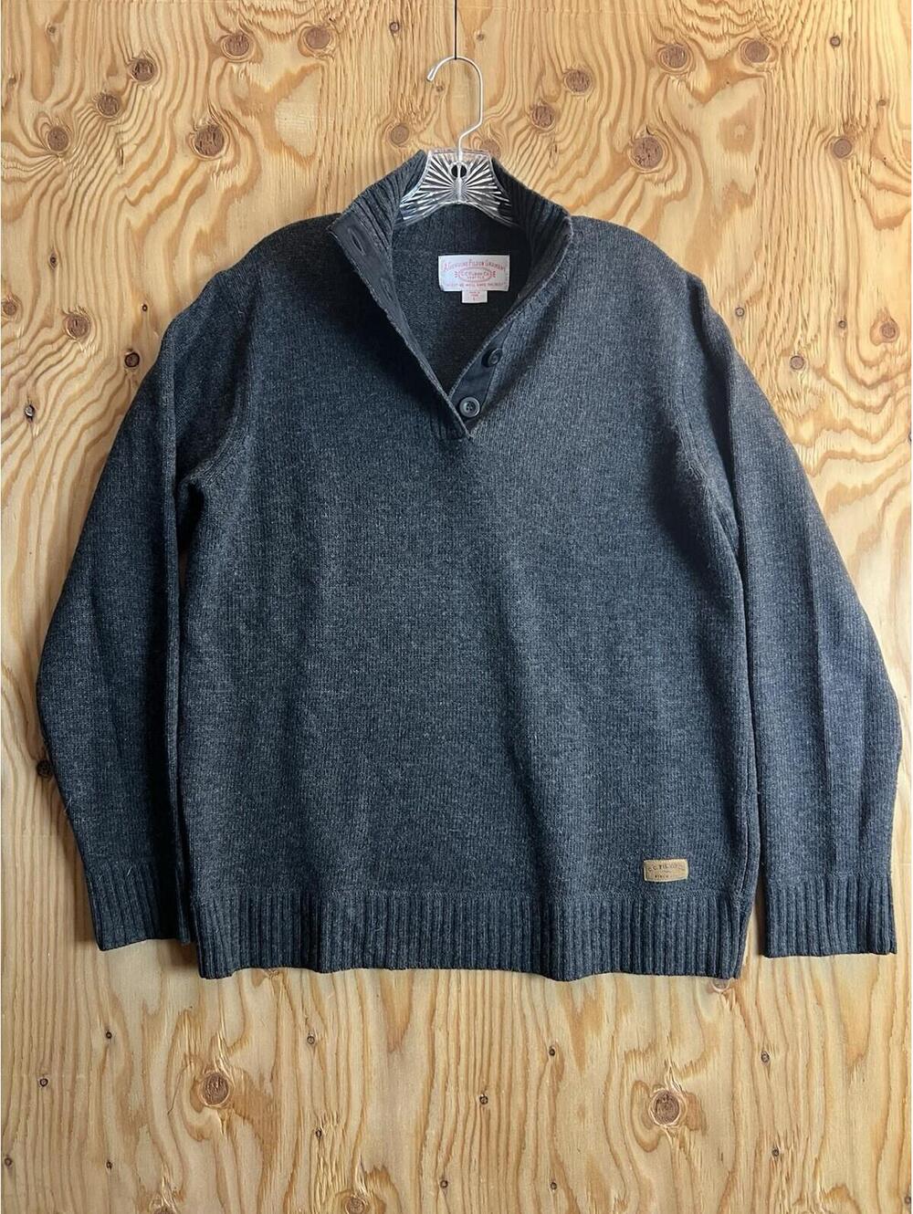 VTG CC Filson Lambswool Sweater Mens L 1/4 Button Up Ash Grey Shawl Leather Logo